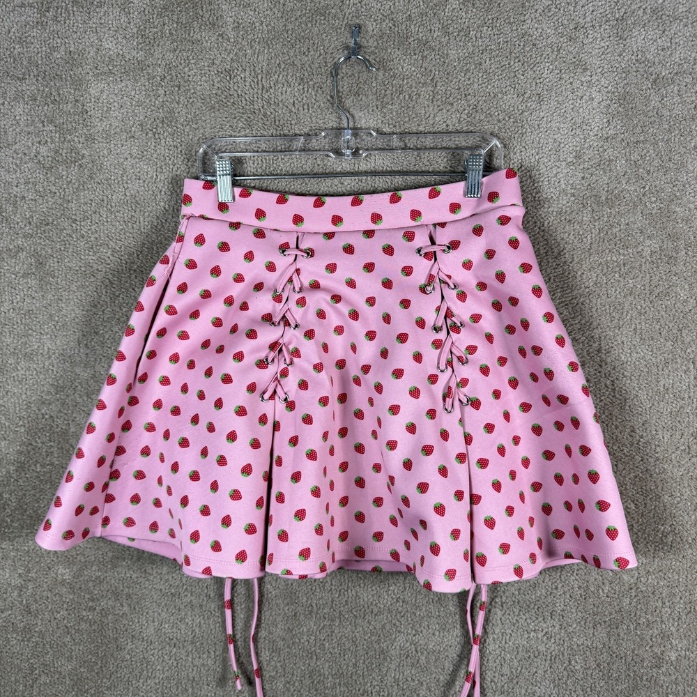 Hot Topic‎ Skirt Womens Large Pink Strawberry Print Skater Mini Lace Up Pockets - Picture 2 of 10